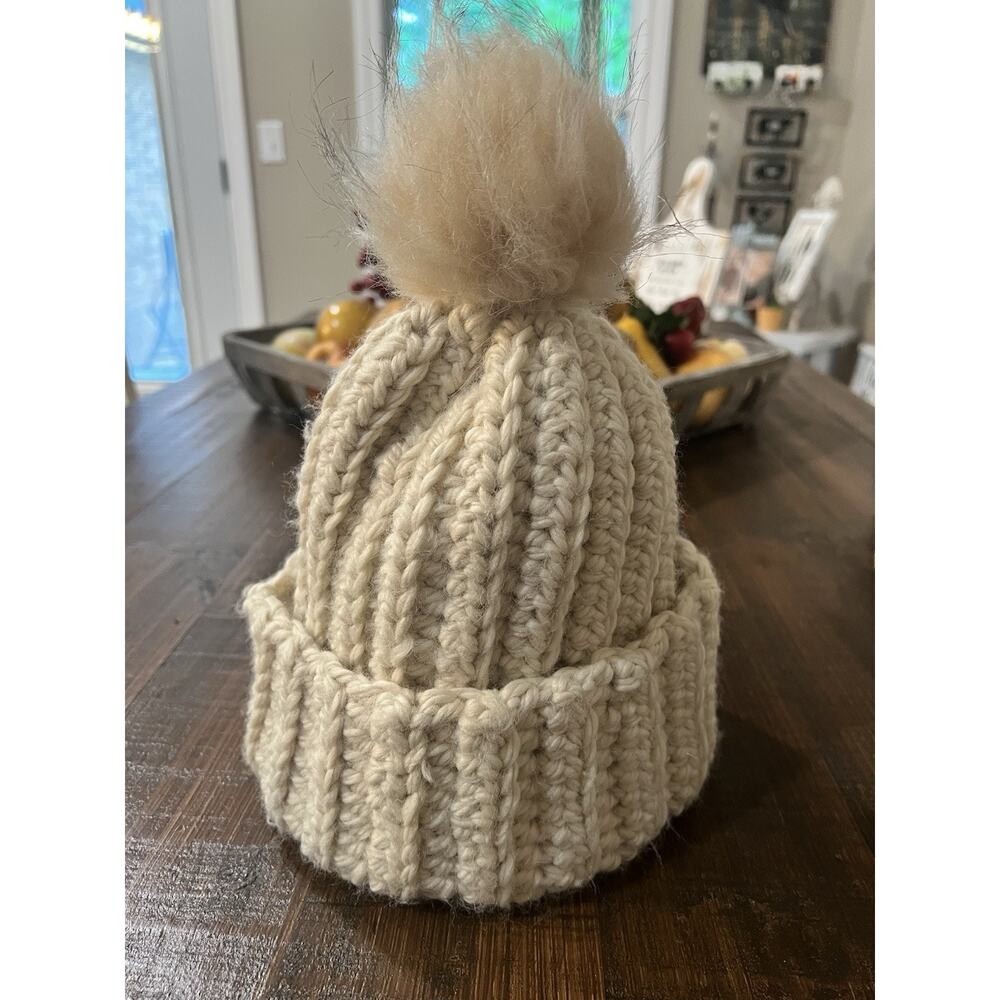 Handmade Crochet Chunky Ribbed Beanie Hat Cream Ivory with Faux Fur Pom Pom
